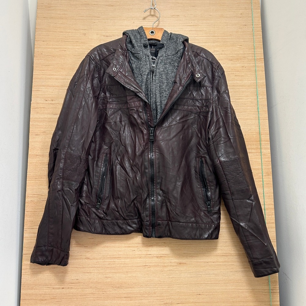 Express Mens Burgundy Faux Leather Moto Jacket with Hoodie Bib Medium